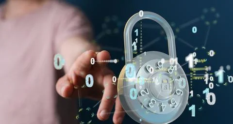 Businessman using 3D rendered digital padlock to secure his internet data Stock Photos