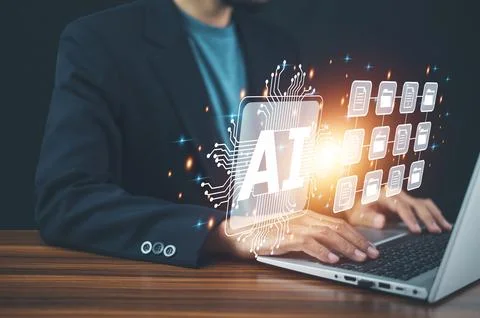 Businessman using AI  Artificial Intelligence modern technology in working .. Stock Photos
