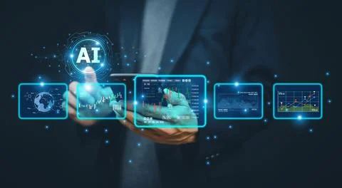 Businessman using ai artificial intelligence analysis  for trend trading st.. Stock Photos