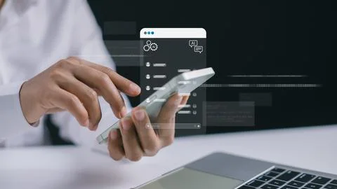 Businessman using the AI chat system to find answers to questions, Intellig.. 스톡 사진