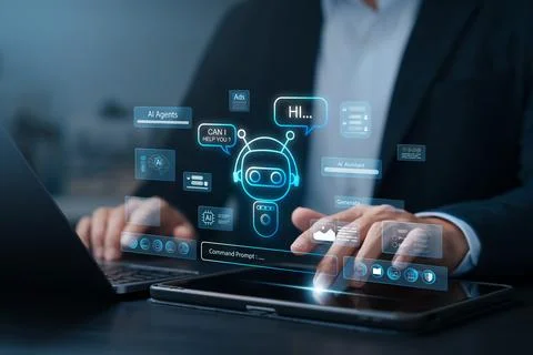 Businessman using AI chatbot interface on tablet and laptop, symbolizing ar.. Foto stock