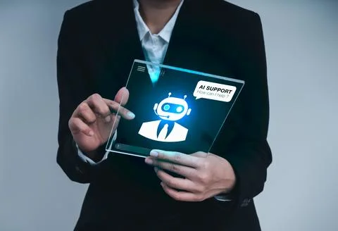 Businessman using AI chatbot interface on virtual screen. Customer support .. Stock Photos