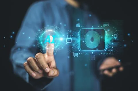A businessman using AI-driven cybersecurity enhances protection against dig.. 스톡 사진