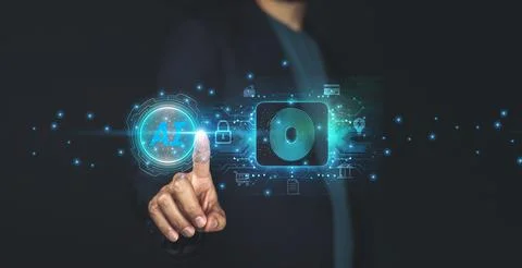A businessman using AI-driven cybersecurity enhances protection against dig.. Stock Photos