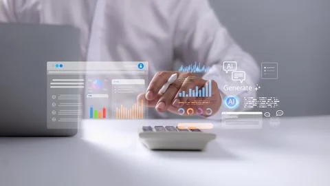 Businessman using AI-powered data analytics tools with digital graphs and i.. Stock Photos