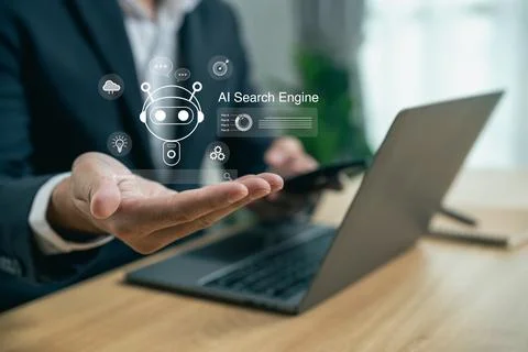 Businessman Using AI Search Engine Technology with Laptop and Smartphone in.. 写真素材