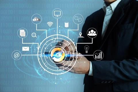 Businessman using ai system to control network operation Stock Photos
