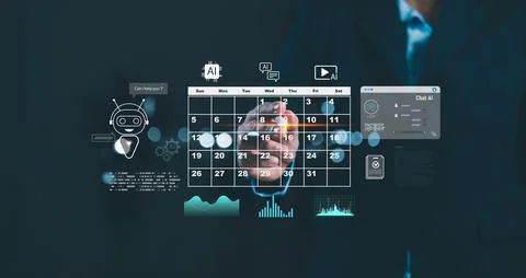 Businessman using AI virtual assistant for calendar scheduling, data manage.. Stock Photos