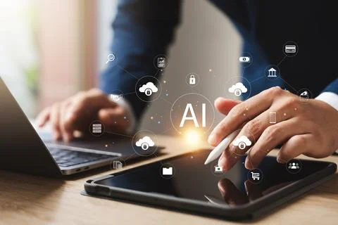 Businessman using artificial intelligence (AI) technology in future busines.. Stockfoto's