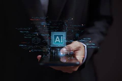 Businessman is using artificial intelligence on mobile phone. Machine learn.. Stock Photos