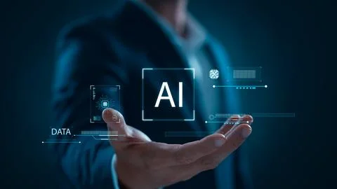 Businessman using artificial intelligence technology in future business. Stock Photos