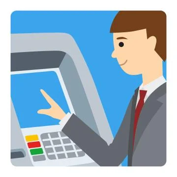 Businessman using ATM machine. Vector illustration of man square icone isolated Stock Illustration