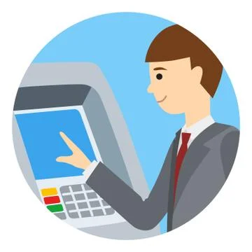 Businessman using ATM machine. Vector illustration of people round icone イラスト素材