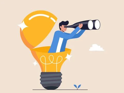 Businessman Using Binoculars Inside an Open Light Bulb Stock Illustration