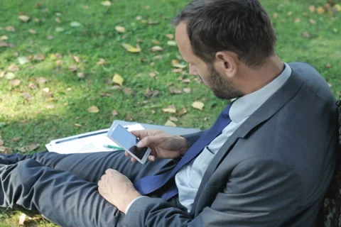 Businessman using cellphone and sitting under the tree Stock-Footage 33995686