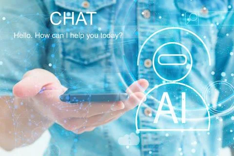 Businessman using chatbot in smartphone intelligence Ai. Chat with AI Artificial Stock Photos
