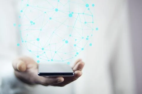 Businessman using circle igital data network with mobile phone Stock Photos