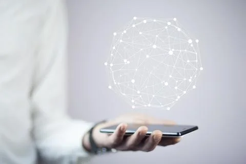 Businessman using circle igital data network with mobile phone Stock Photos