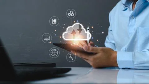 Businessman using cloud technology connect business data. Cloud computing d.. Stock Photos