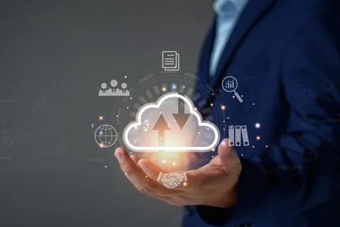 Businessman using cloud technology connect business data. Cloud computing d.. Stock Photos