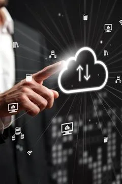 Businessman using cloud technology for data upload and download in modern 스톡 사진
