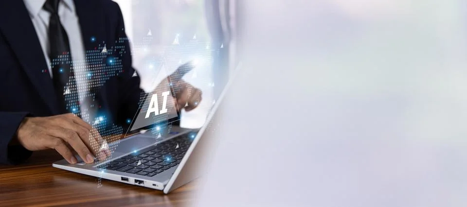 Businessman using computer AI artificial intelligence technology machine le.. Stock Photos