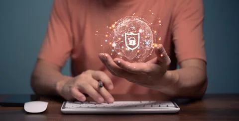 Businessman Using Computer and holding Global network connection, Big data an Stock Photos