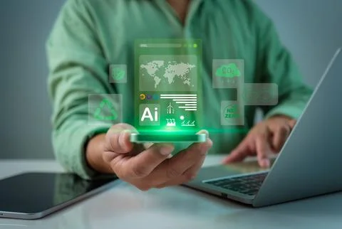 Businessman using computer and phone to analyze investment concept, ESG, En.. Stock Photos