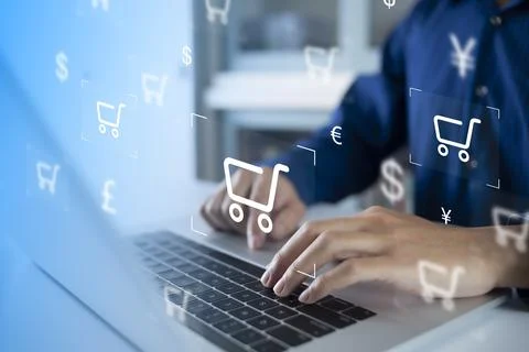 Businessman using computer and touch virtual screen online shopping. And onli Stock Photos