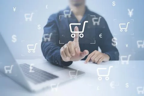 Businessman using computer and touch virtual screen online shopping. And onli Stock Photos