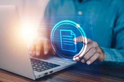 Businessman using computer concept document management for business Stock Photos