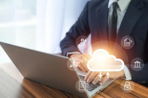 Businessman using computer connection on cloud computing security privacy dat Stock Photos
