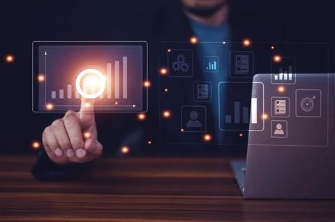 Businessman using computer data management and paperless document control a.. Foto stock