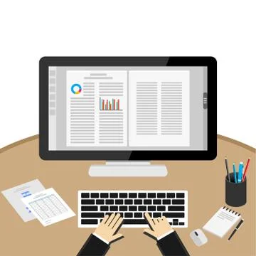 Businessman Using Computer At Desk. Word processor application. Stock Illustration