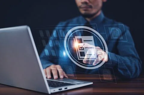 Businessman using computer for DMS documents management and ERP software fo.. 스톡 사진