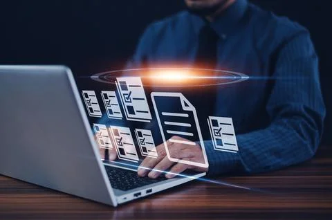Businessman using computer for DMS documents management and ERP software fo.. 写真素材