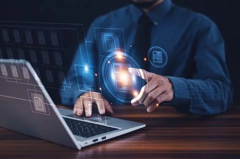 Businessman using computer for DMS documents management and ERP software fo.. 스톡 사진