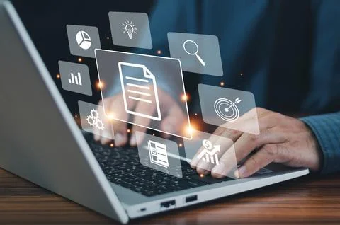 Businessman using computer for DMS documents management and ERP software fo.. 写真素材