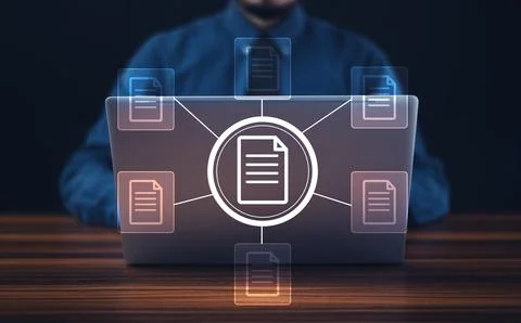 Businessman using computer for DMS documents management and ERP software fo.. Foto stock