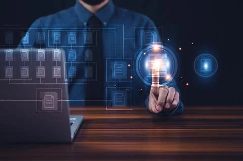 Businessman using computer for DMS documents management and ERP software fo.. 스톡 사진