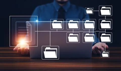Businessman using computer for DMS documents management and ERP software fo.. 스톡 사진