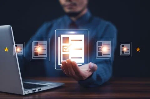 Businessman using computer for DMS documents management and ERP software fo.. Foto stock