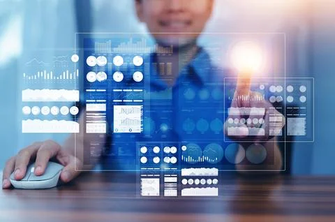 Businessman using computer for DMS documents management and ERP software fo.. Stockfoto's