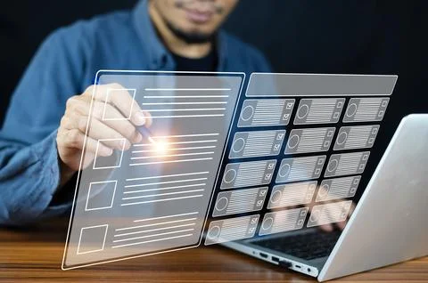 Businessman using computer for DMS documents management and ERP software fo.. Foto stock