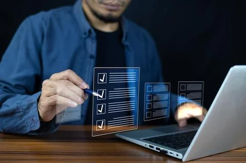 Businessman using computer for DMS documents management and ERP software fo.. Stock Photos