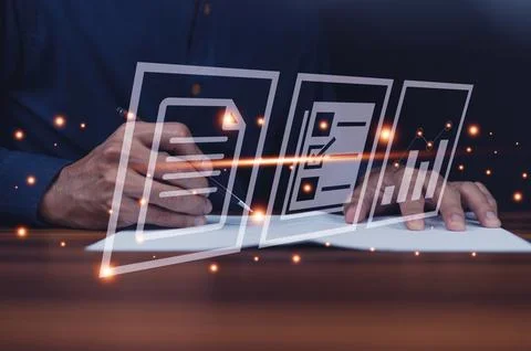 Businessman using computer Document Management System (DMS), online documenta Stock Photos