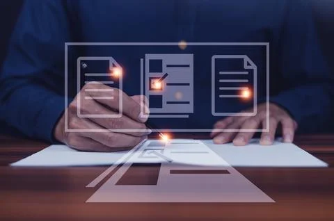 Businessman using computer Document Management System (DMS), online documenta Foto stock