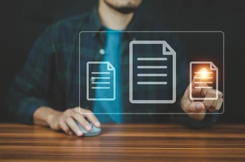 Businessman using computer Document Management System (DMS), online documenta Stock Photos