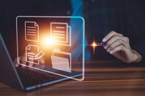 Businessman using computer Document Management System (DMS), online documenta Stock Photos