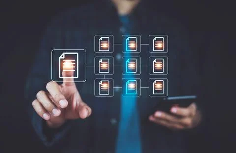 Businessman using computer Document Management System (DMS), online documenta Stock Photos